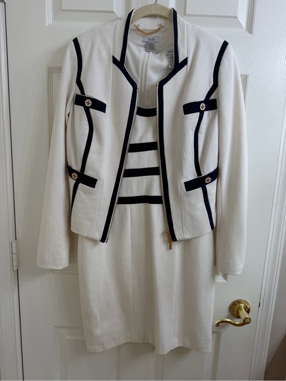 Cache White Jacket and Dress Set with Navy Blue Trim Size 4